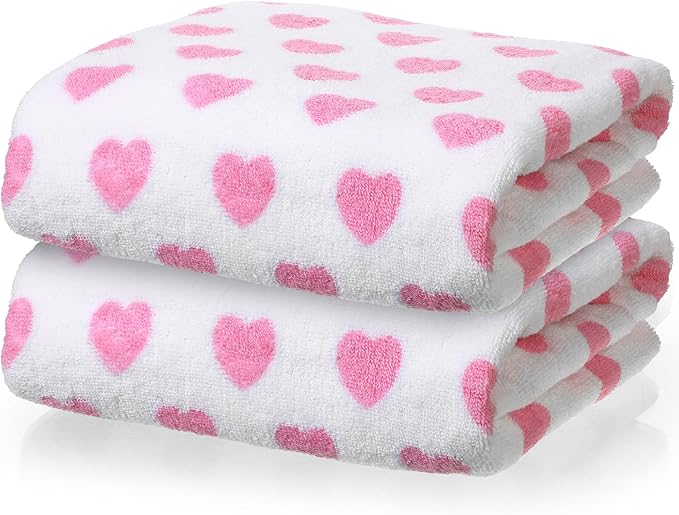 2 Pcs Valentine Hearts Cotton Bath Towels Gift Set 55 x 28 Inch Galentine Decoration Red Pink Hearts Soft Cotton Bath Towels for Valentine Gifts Home Travel Swim Bathroom Shower Supplies(Pink)