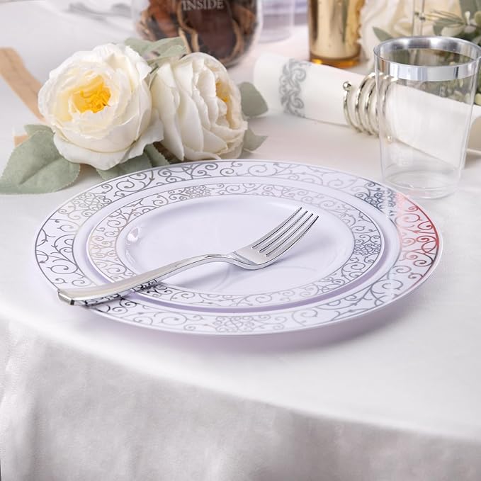 LIYH 700 Pcs Silver Plastic Disposable Dinnerware Set for 100 Guests - Plastic Plates for Party Includes Disposable Plates, Cups, Wedding Napkins and Cutlery Elegant White & Silver