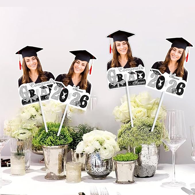 Personalized Graduation Face Fan 2026 Grade Custom Double Sided Face Cutout Fan with Handle Photo Booth Prop Party Supplies(B-Black and Silver,24pcs)