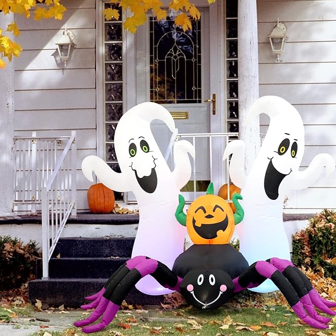 Halloween Inflatable, SHDEJTG 7Ft Pumpkin Ghost Spider Inflatable Decoration, Blow Up Yard Decoration Clearance with LED Lights Built-in for Outdoor, Holiday, Party, Yard, Garden