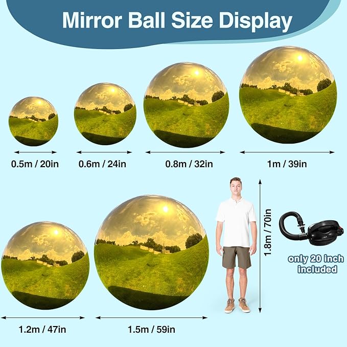 Gold Inflatable Mirror Ball with Air Pump, Big Shinny Mirror Balls Reusable Large PVC Disco Ball Balloon for Large Event Decoration, Party, Concerts, Stage, Wedding Decor (1 Pcs, 19.7in)