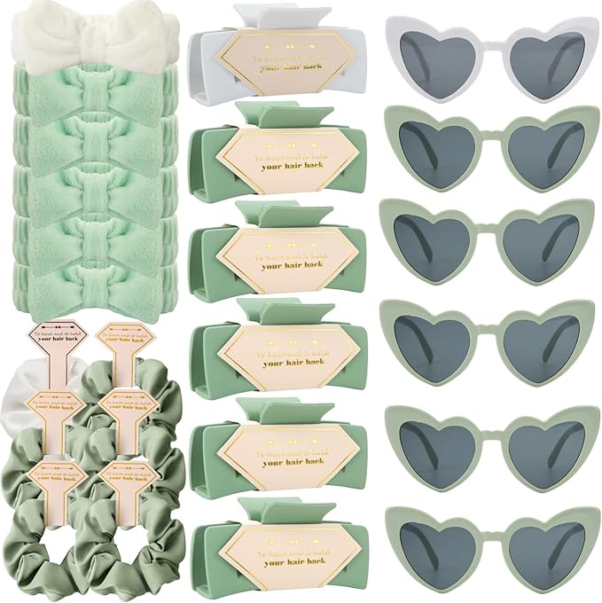 Bridesmaid Scrunchies Proposal Gifts square 4.1inch Bachelorette Hair Claws Clips women heart sunglasses headband gift for Wedding Party Favors (24, White&Sage Green)