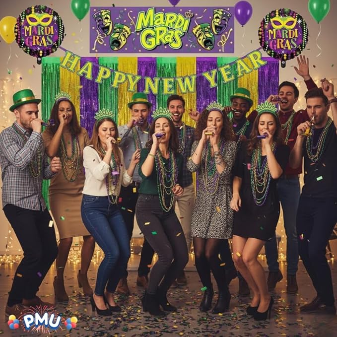 PMU 158 Pc New Year's Eve Party Supplies New Year Decorations Supplies, 2026 Multicolor Mardi Gras Party Kit Assortment for 50 Persons - (Yellow, Purple and Green) for Adults, Men and Women (50/psn)