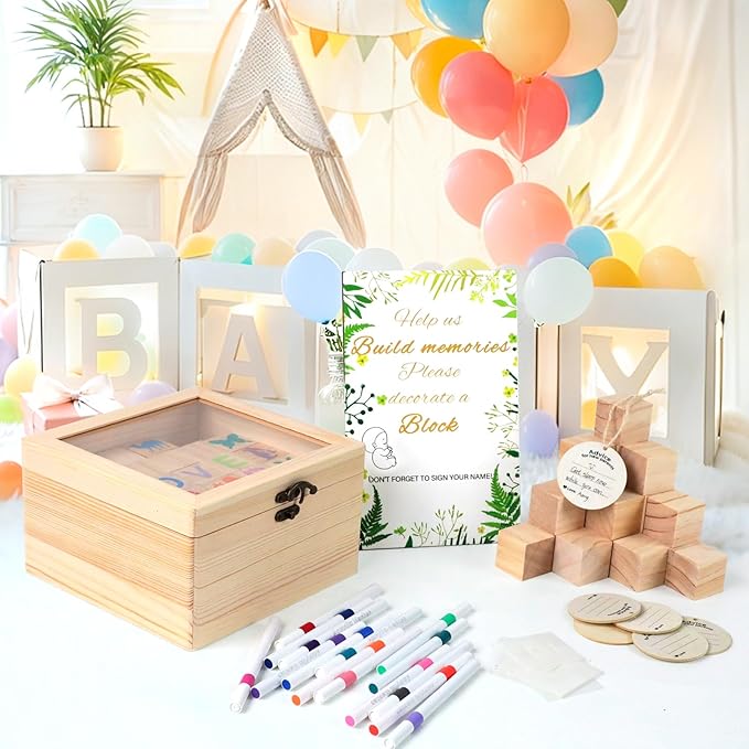 144 Pcs Baby Shower Games Sign Kit, Including 50 DIY Blank Wooden Blocks, 41 Stencils, 36 Acrylic Paint Markers, 15 Advice Cards, 1 Game Sign, 1 Storage Box for Baby Shower Games, Gender Reveal Party