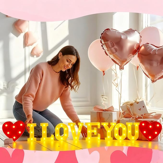 Honoson 10 Pcs I Love You Light up Sign Valentine Decoration Anniversary Present Romantic Heart LED Letters Lights for Valentine Day Wedding Engagement Boyfriend Girlfriend Lover Special Night Party