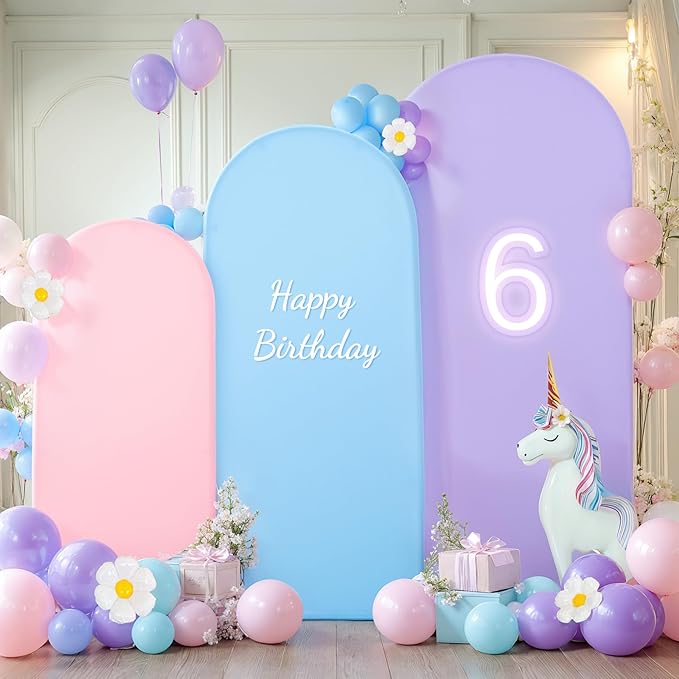 Pink Purple Blue Arch Backdrop Cover 3 Set-8FT, 7.2FT, 6.6FT, Spandex Fitted Wedding Arch Stand Covers for Baby Shower Birthday Party Wedding Ceremony Photo Arch Stand Background Decorations