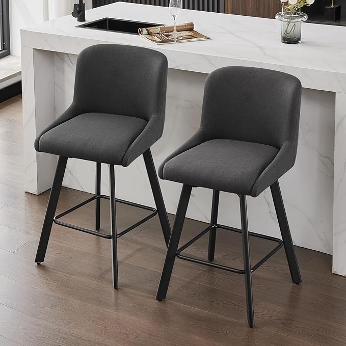 Swivel Counter Height Bar Stools Set of 2, 29''H Upholstered Barstools with Backs, Modern Bar Stool Chairs for Kitchen Island, Metal Legs, Fabric, Black Grey Stools Counter Chair