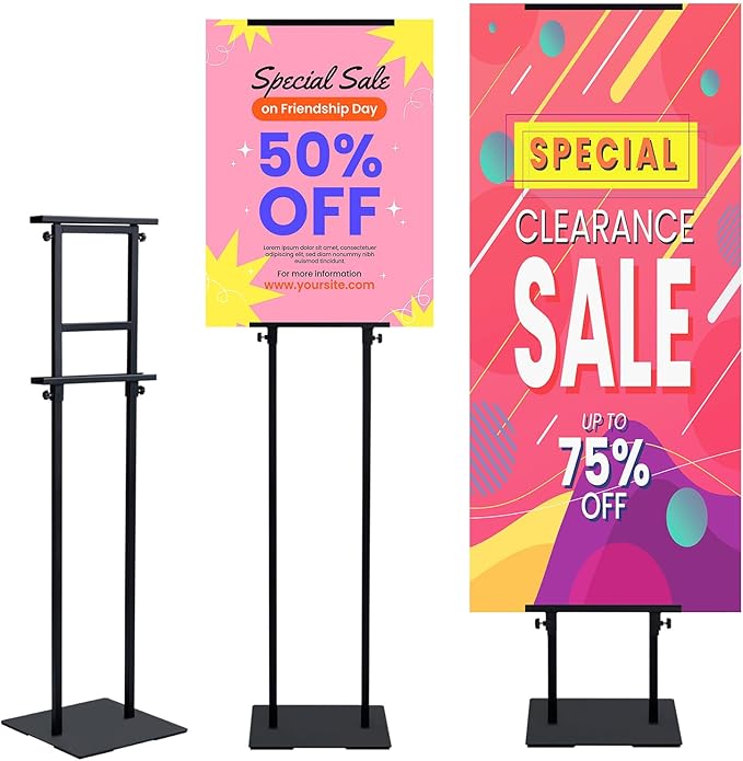 Heavy Duty Banner Stand with Non-slip Mat Base, Adjustable Pedestal Poster Stand Up to 82 inches, Double Side Show Sign Stand, Connected Show Floor Standing Sign holder for Outdoor Display