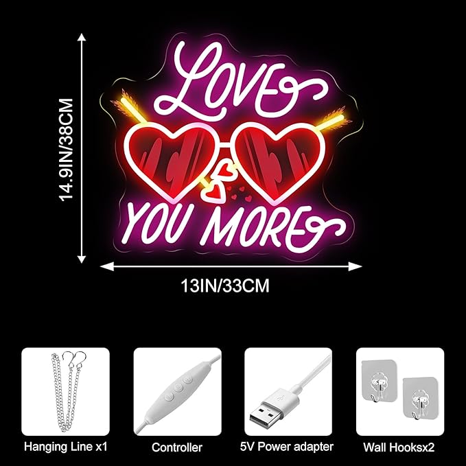 Love You More Neon Sign for Wall Decor, Playful Heart LED Neon Light with Sparkle Detail for Date Night Bedroom Party Decor, Romantic Neon Wall Art for Valentine’s Day Couple Decor 15"x13"