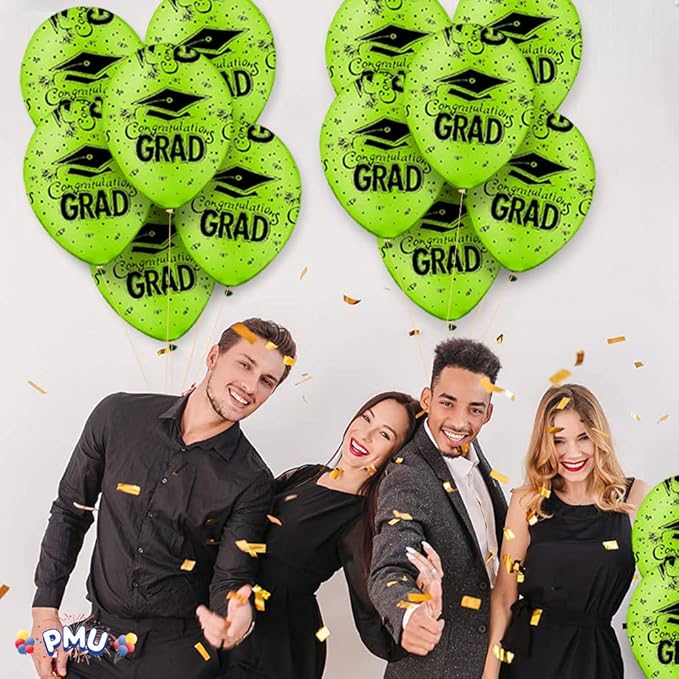 PMU 100 Pcs Lime Green Graduation Balloons Class of 2025 with All-Over Print White Grad Caps-Confetti and Streamers | Graduation Party Supplies | Congratulations Grad Latex Balloons Latex