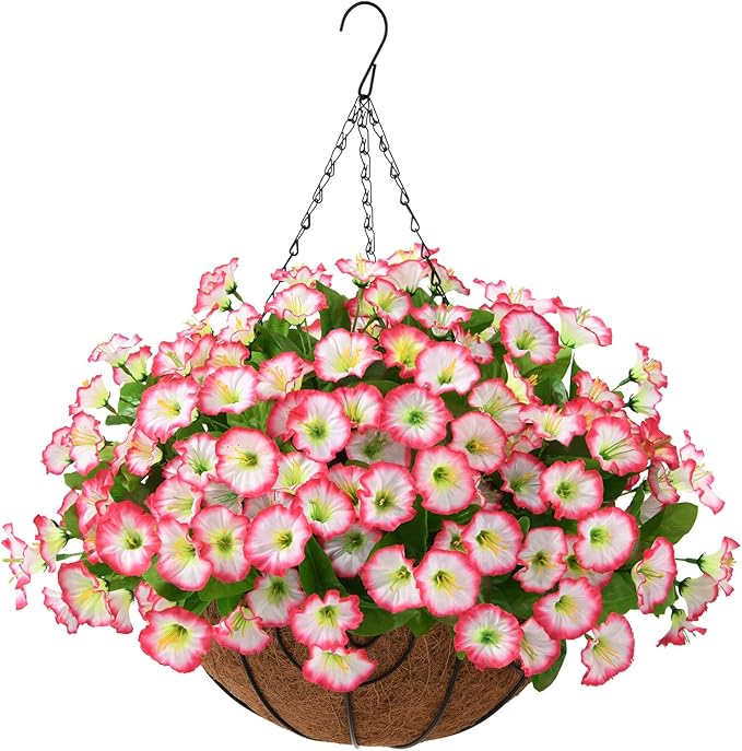 Homsunny Artificial Faux Hanging Flowers Baskets for Outdoor Spring Decoration,Fake Silk Plants for Outside Indoors Porch Patio Home Summer Decor(Pink)
