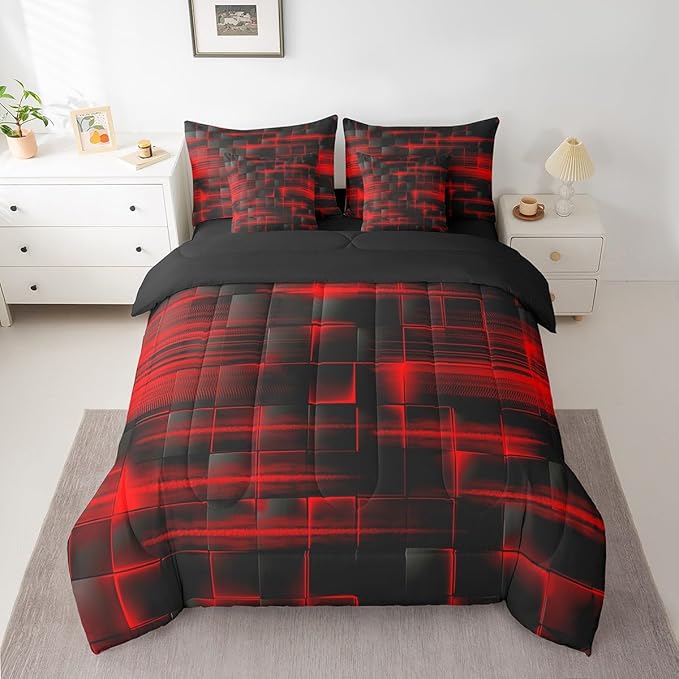 Feelyou Red Black Bedding Set Full Size Boys Girls Geometric Strip Lines Comforter Set with Sheets 7 Piece for Bed in a Bag Abstract Modern Bed Set with Comforter,Sheets,Pillowcases