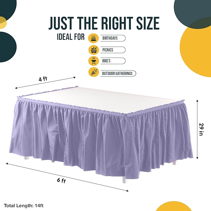 Exquisite Ruffle Table Skirt Lavender 48 Pack 14 Ft Long Table Skirts for Rectangle Tables 6ft Plus or Round Tables Skirts with Adhesive Strip for Gender Reveal Decor & Happy Birthday Parties