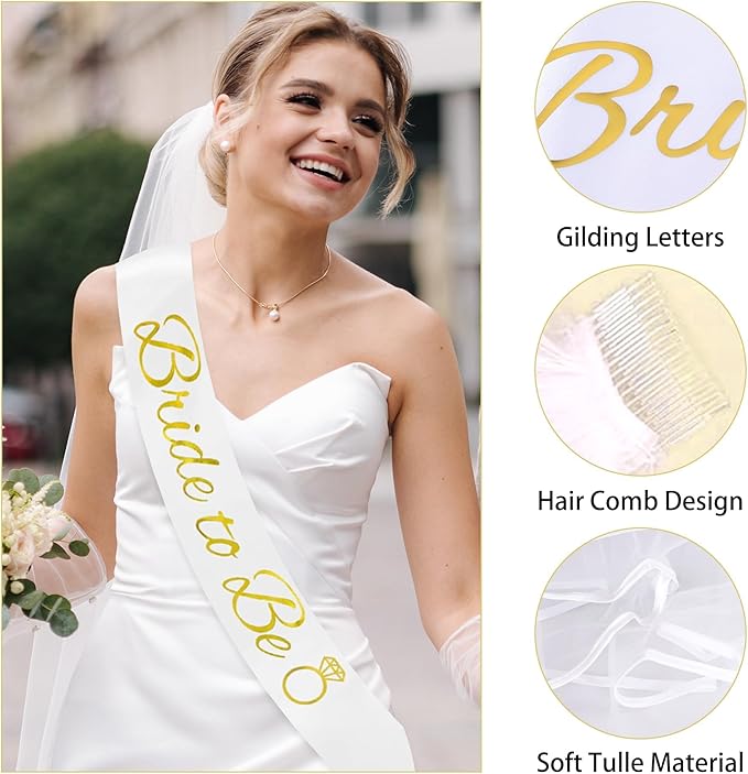 Vlipoeasn 39PCS Bachelorette Party Decorations Kit, Sand White Bride to Be Party Decorations, Bride to Be Sash & Veil, Tattoo Sticker, Foil Curtains, Balloons, Bridal Shower Party Supplies
