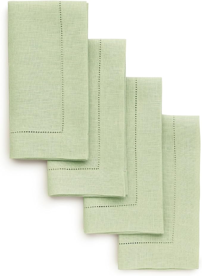 Solino Home Linen Napkins Set of 4 - Classic Hemstitch 100% Pure Linen Sage Green Dinner Napkins Cloth 20 x 20 Inch for Winter, Spring, Easter, St Patricks Day - Handcrafted and Machine Washable