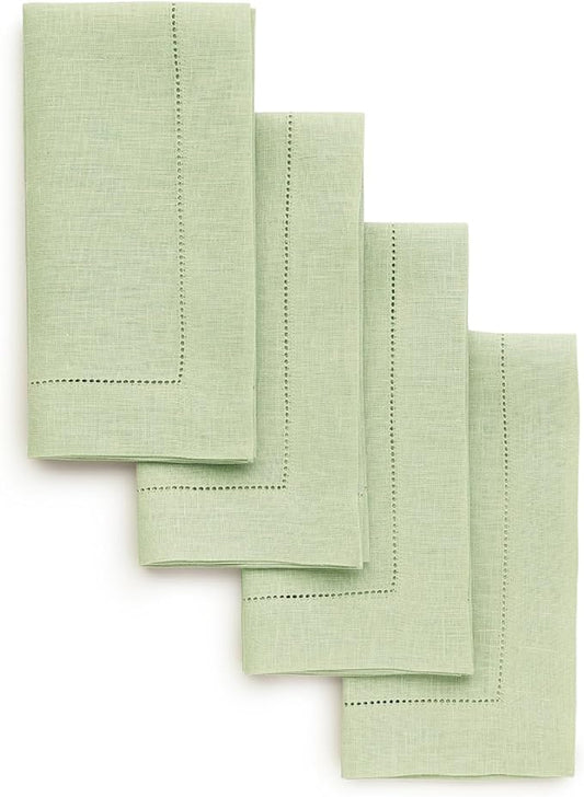 Solino Home Linen Napkins Set of 4 - Classic Hemstitch 100% Pure Linen Sage Green Dinner Napkins Cloth 20 x 20 Inch for Winter, Spring, Easter, St Patricks Day - Handcrafted and Machine Washable