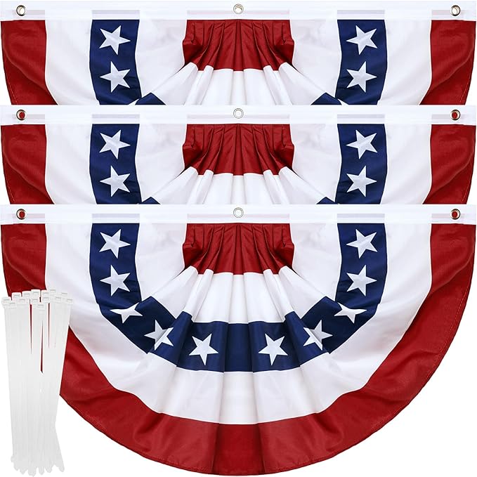3 Pack American Pleated Fan Flag,3 X 6 FT American Bunting with Brass Grommets and Zip Ties,Patriotic Half Fan Banner Flag Decor, Memorial Day 4th of July Decoration Outdoor