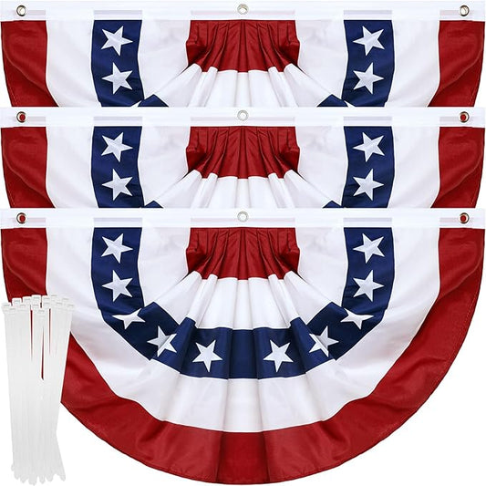 3 Pack American Pleated Fan Flag,3 X 6 FT American Bunting with Brass Grommets and Zip Ties,Patriotic Half Fan Banner Flag Decor, Memorial Day 4th of July Decoration Outdoor