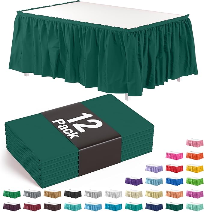 Exquisite Ruffle Table Skirt Dark Green 12 Pack 14 Ft Long Table Skirts for Rectangle Tables 6ft Plus or Round Tables Skirts with Adhesive Strip for Gender Reveal Decor & Happy Birthday Parties