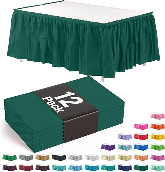 Exquisite Ruffle Table Skirt Dark Green 12 Pack 14 Ft Long Table Skirts for Rectangle Tables 6ft Plus or Round Tables Skirts with Adhesive Strip for Gender Reveal Decor & Happy Birthday Parties