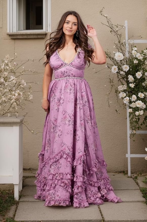 Floral Printed Chiffon Prom Dress for Carmen 2025 Long V Neck Floor Length Photoshoot Dress with Side Slit Ruched
