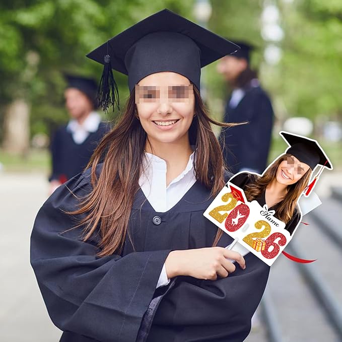 Personalized Graduation Face Fan 2026 Grade Custom Double Sided Face Cutout Fan with Handle Photo Booth Prop Party Supplies(B-Red and Gold,12pcs)