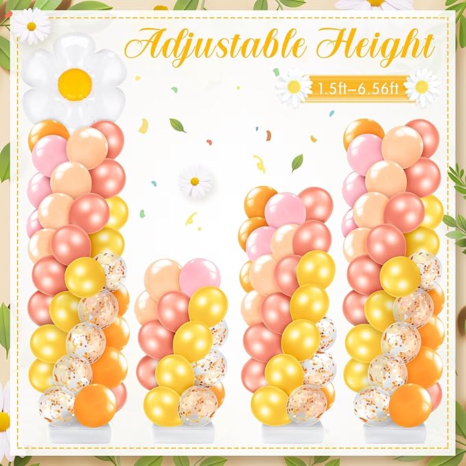 Kasyat 2 Set Groovy Daisy Balloon Column Stand Kit with Adjustable Balloon Arch Kit Boho Pastel Pink Orange Yellow Flower Party Supplies for Wedding Baby Shower Two Groovy Birthday Party Supplies