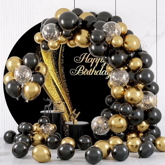 Black and Gold Happy Birthday Round Backdrop Cover 6.5ft Black Background for Photography Shining Gold Sequins Black Arch Backdrop Cover for Women Man Birthday Party Adult Kids Photo Props