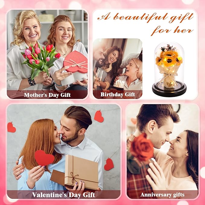 Valentines Day Gifts, Sunflower Gift for Mom-Preserved Artificial Rose Flower Gifts for Women Friends Sunflower Gifts for Her,Light Up Rose in Glass Dome-Thankgiving Birthday Valentine Anniversary