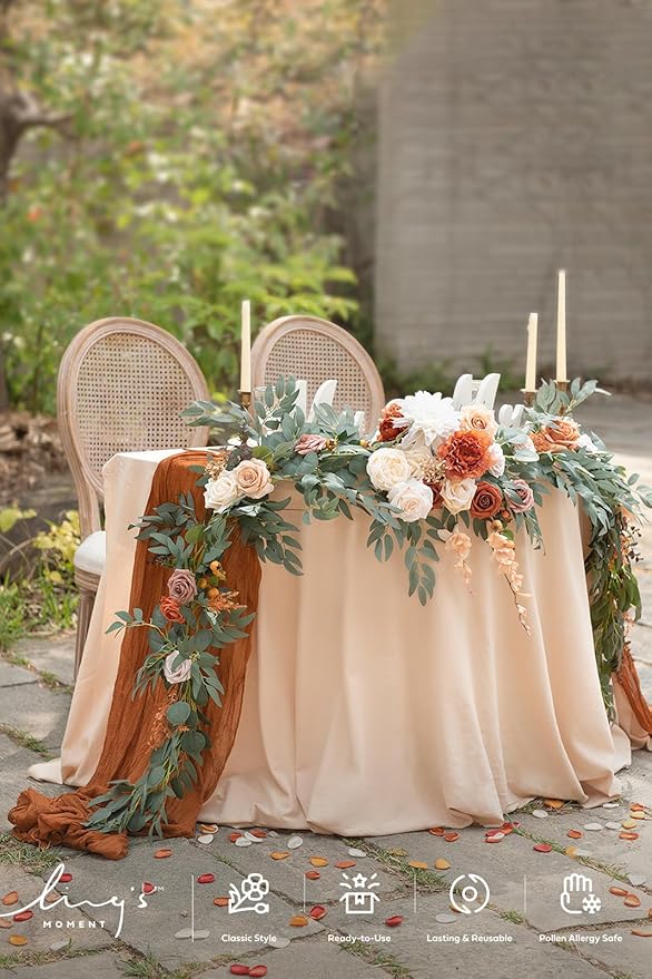 Ling's moment Fall 9FT Flower Garland for Backdrop Decorations - Wedding Arch Flowers, Eucalyptus & Rose, Artificial Floral Garland for Mantle - Sweetheart Table Decor for Ceremony, Terracotta