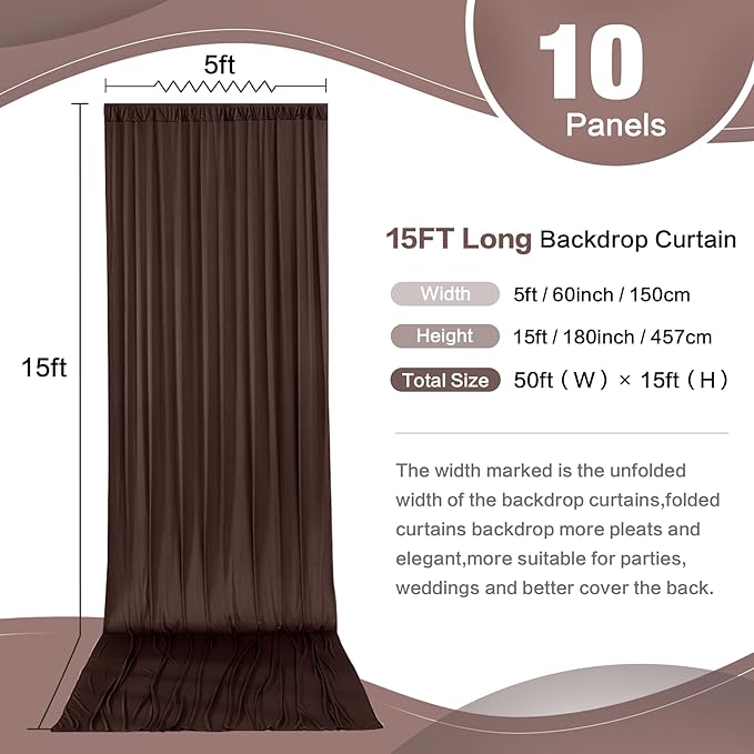 50ft x 15ft Brown Wrinkle Free Backdrop Curtains for Parties,Silky Polyester Fabric Wedding Ceiling Drapes, 10 Panels 15ft Photo Back Drop Drapes for Baby Shower Photography Stage Background Cloth