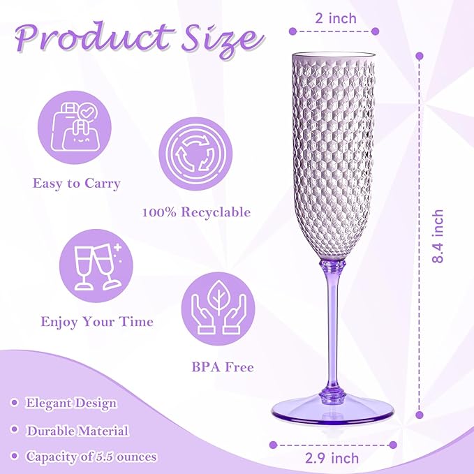 48 Pack Purple Detachable 2 piece Champagne Flutes 5.5 Oz Unbreakable Plastic Mimosa Disposable Champagne Glasses Drinking Cups Stemmed Reusable Wine Toasting Glasses for Wedding (48, Purple)