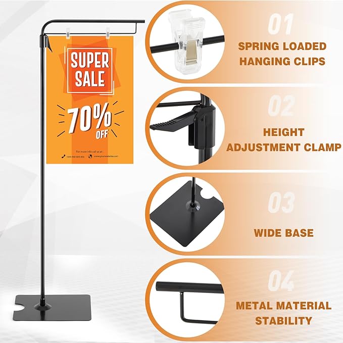 Blulu 1 Pcs Adjustable Hanging Poster Stand Sign Holder 43-87 Inch Pallet Floor Standing Poster Display Black Heavy Duty Double Sided Clip on Mobile Banner Stand with Base for Outdoor Hanging Display