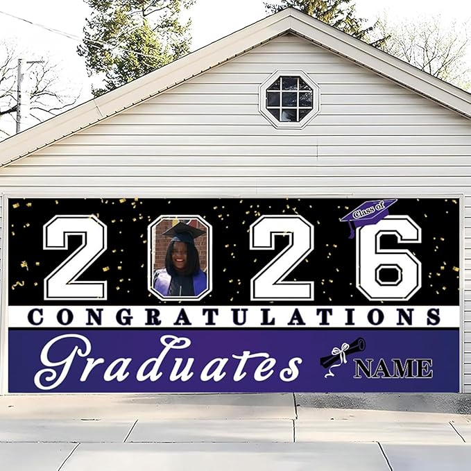 Custom Photo Graduation Garage Door Banner Personalized 2026 Grad Banner 7x16ft Porch Door Sign Decoration Outdoor Photo Booth Backdrop Party Supplies(Purple)