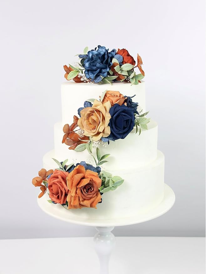 Rinlong 3Pcs Pre-made Artificial Cake Flowers Navy Blue Terracotta Cake Decorations Boho Fall Wedding Cake Decorating Flowers Decor Birthday Baptism Party Burnt Orange Cake Toppers