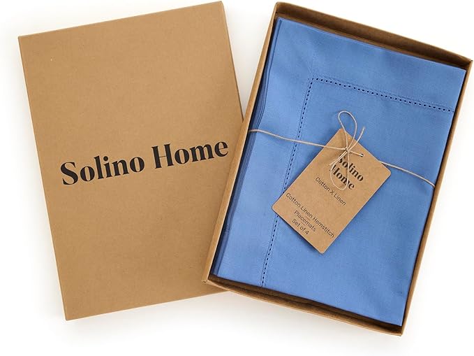 Solino Home Dusty Blue Placemats Set of 4 - Cotton Linen Hemstitch Placemats 14 x 19 Inch - Machine Washable Table Mats for Winter, Spring, Easter