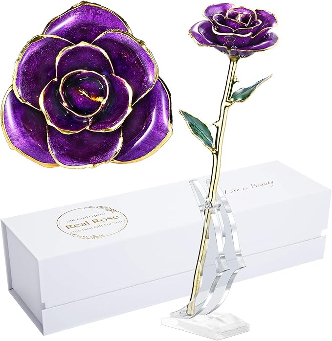Anniversary Rose Gift for Wife, Forever 24k Gold Real Rose and Best for her Rose, Purple with Stand