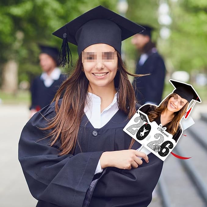 Personalized Graduation Face Fan 2026 Grade Custom Double Sided Face Cutout Fan with Handle Photo Booth Prop Party Supplies(B-Black and Silver,24pcs)