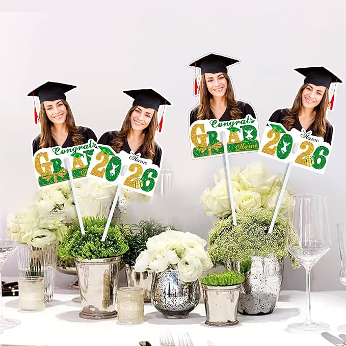 Personalized Graduation Face Fan 2026 Grade Custom Double Sided Face Cutout Fan with Handle Photo Booth Prop Party Supplies(B-Green and Gold,24pcs)