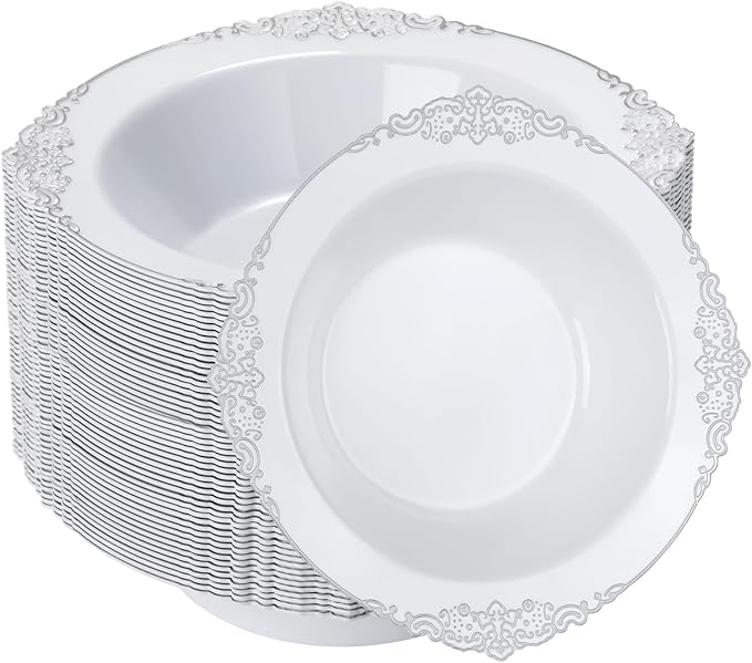 100 Pack White Plastic Bowls with Silver Relief Rim, 12oz Plastic Salad Bowl, Disposable Bowls for Party, Dinners, Weddings, Christmas, Thanksgiving, Valentine's Day