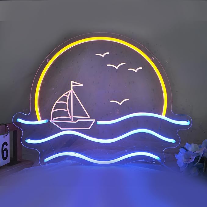 Sunset Neon Sign for Bedroom, Sunrise & Sunset at Sea Neon Light Sign for Wall Decor, 5V Sailboat Neon Sign for Living Room Bar Office, Housewarming Gift, 17x13 IN by JXIN