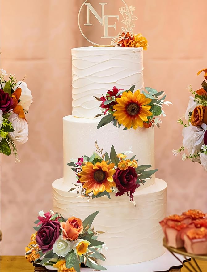 Marriwise 3Pcs Pre-made Cake Toppers Flowers, Sunflower & Red Wedding Cake Decoration,Artificial Flowers Decor for Wedding Ceremony Anniversary,Birthday Party,Fall Vintage (Sunflower & Red)