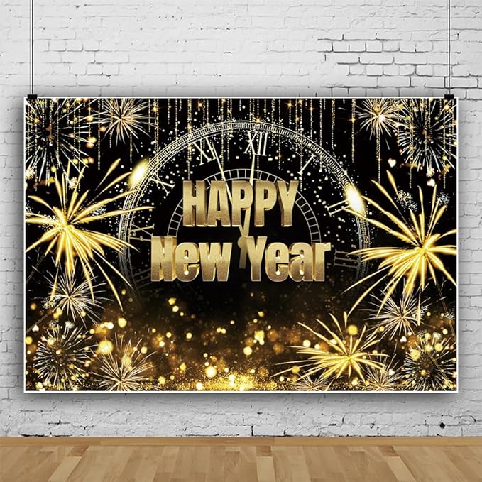 New Year Backdrop 12x8ft Happy 2026 Backdrop Black and Gold Firework Shining Gold Background 2026 New Year Eve Photo Backdrops for Photography NYE Party Photo Studio Props