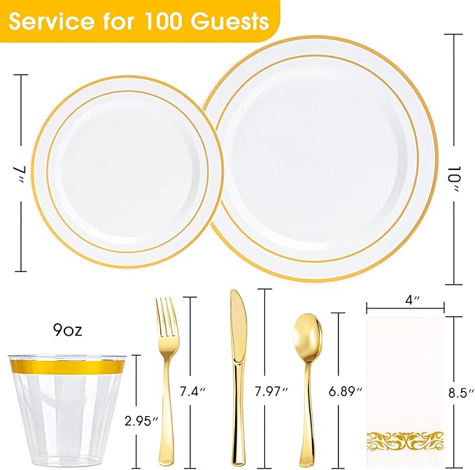 N9R 700PCS Gold Disposable Dinnerware Set for 100 Guests, White Plastic Plates with Gold Rim, Include 100 Dinner & Dessert Plates, Plastic Silverware Set, Cups, Napkins for Party and Wedding