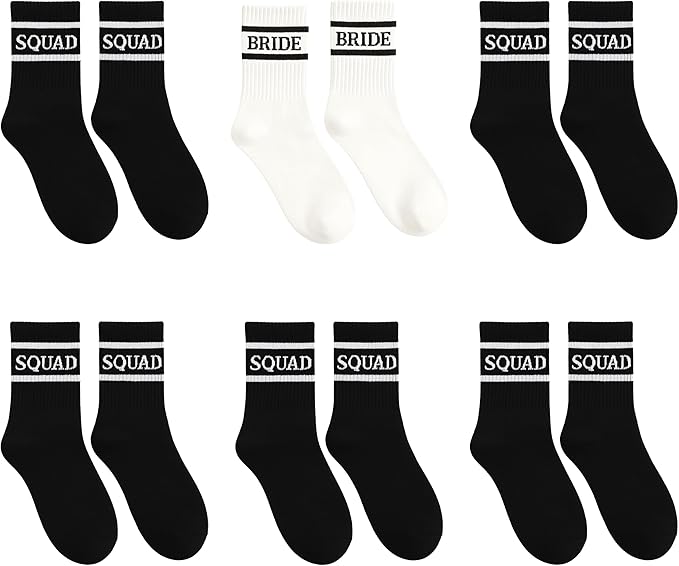 Funky Junque Bride & Squad Striped Crew Socks - 100% Cotton Bridal Socks | Bachelorette Gifts & Party Accessories