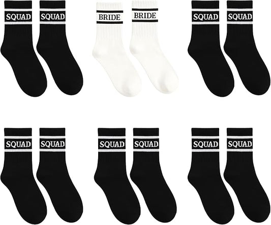 Funky Junque Bride & Squad Striped Crew Socks - 100% Cotton Bridal Socks | Bachelorette Gifts & Party Accessories