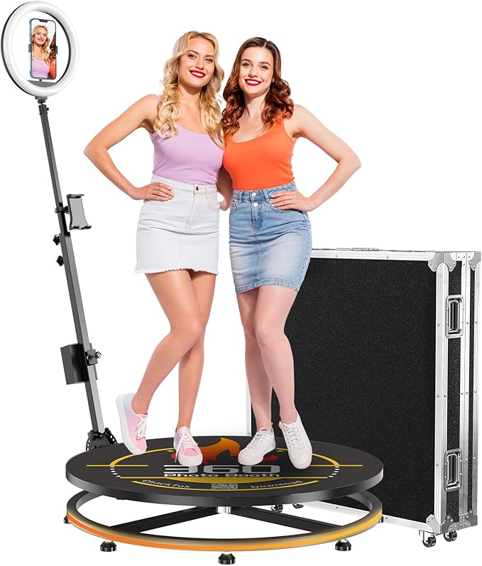 360 Photo Booth Machine with Software App Remote Control 360° Auto Slow Rotation Shooting for Events, Weddings and Parties, Standing for 2-4 Person（27in-CD+Flight Case）