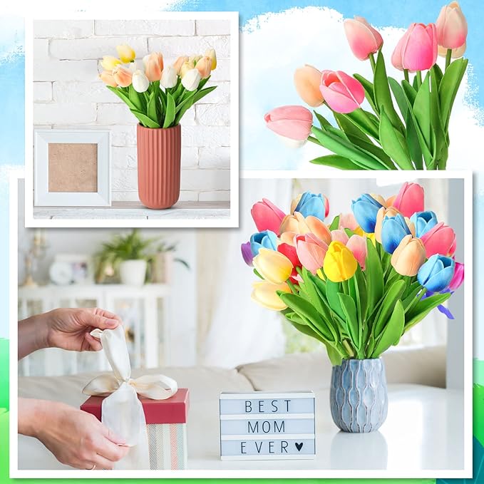 Jexine 100 Pcs Artificial Real Touch Tulips Fake Artificial Tulip Flower Bulk Bouquet with Stem for Table Centerpieces Wedding Bridal Easter Mother's Day Garden Home Decor, 13.4''(Multicolor)