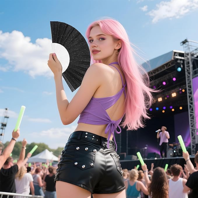 48 Pack Handheld Fan,Folding Hand Glitter fan with Shining Transparent Fan Rib – Ideal for Wedding, Church, Festival, Dance, Tea Party, Club, and EDM Accessories, Black