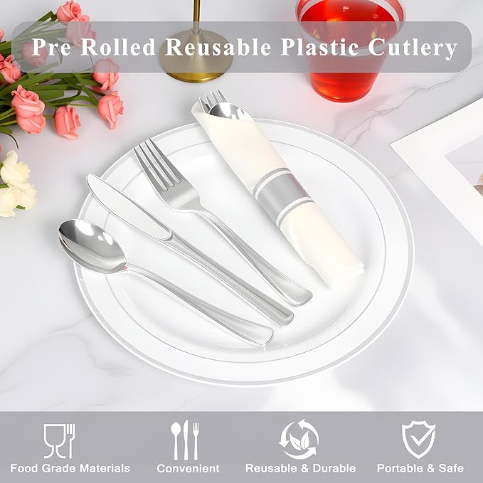 200 Pack Pre Rolled Silver Plastic Silverware Set,Wrapped Plastic Cutlery Set with Napkin Include 200 Forks,200 Spoons,200 Knives and 200 White Napkins for Party,Wedding,Christmas